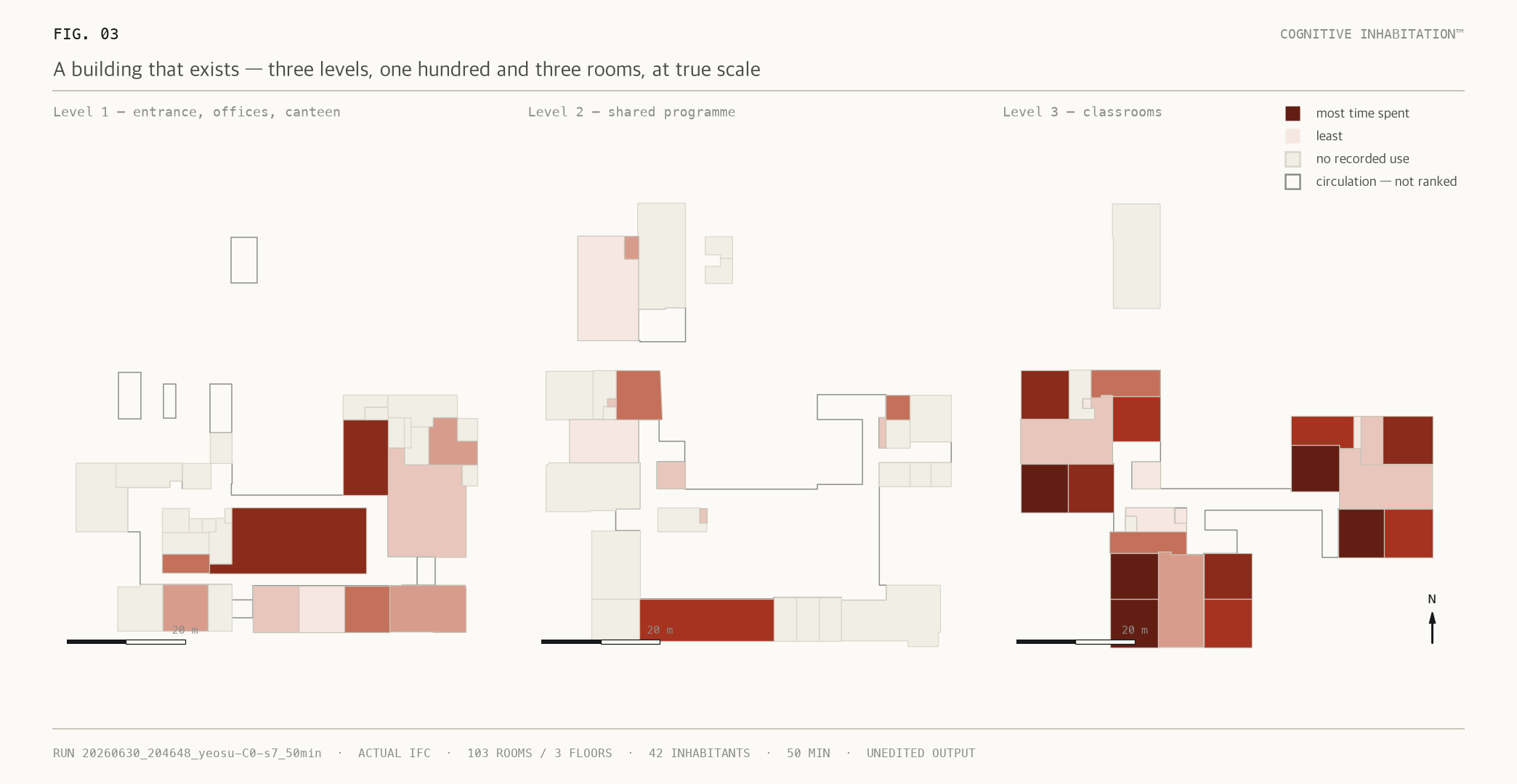 Three levels of a real building, each room shaded by time spent